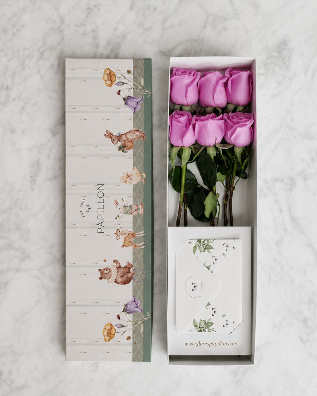 Caja de 6 Rosas Lilas Baby Print