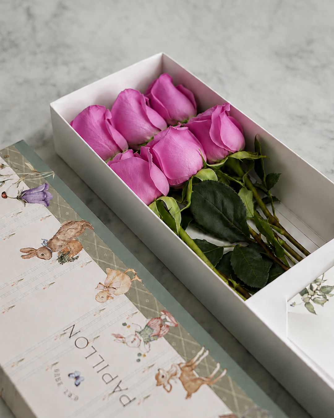 Caja de 6 Rosas Lilas Baby Print